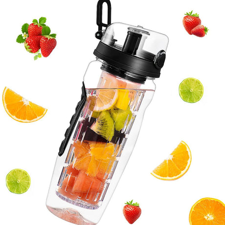 Fruit infuser water bottle with black lid, fruit-filled insert and surrounding fruit slices