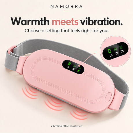NAMORRA pink waist belt with a conceptual vibration illustration and LED display detail.