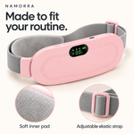 Close-up of the soft contact pad and adjustable grey strap on the NAMORRA heated waist belt.