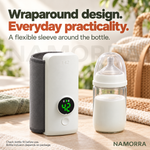 Grey wraparound warmer sleeve beside a bottle