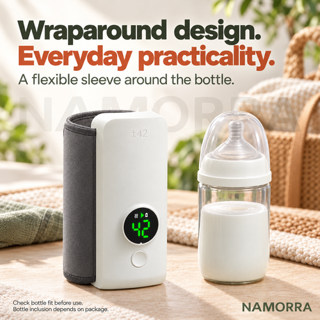 Grey wraparound warmer sleeve beside a bottle