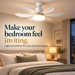 White ceiling fan light in a warm bedroom setting