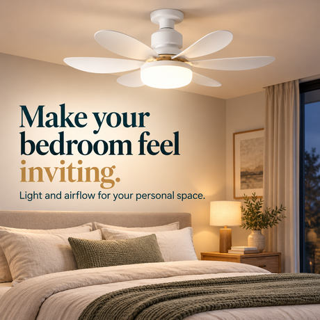 White ceiling fan light in a warm bedroom setting