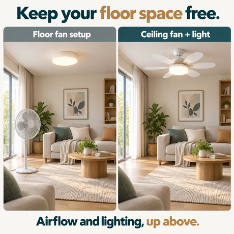 Floor fan and ceiling fan light comparison showing floor space
