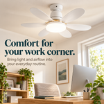 White ceiling fan light above a home office