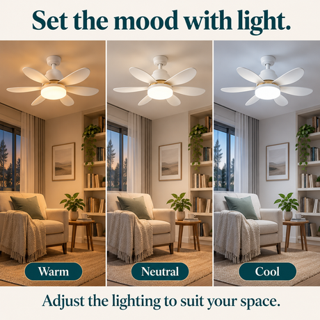 Ceiling fan light showing warm neutral and cool lighting