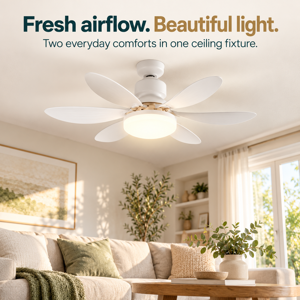 White ceiling fan light in a living room