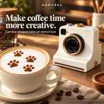 NAMORRA white camera-shaped latte art stencil tool beside coffee with cocoa paw print design