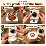 Four steps showing powder loading, stencil insertion, positioning above coffee foam and decorated result