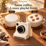 Plain coffee foam compared with cocoa stencil artwork and NAMORRA latte art tool