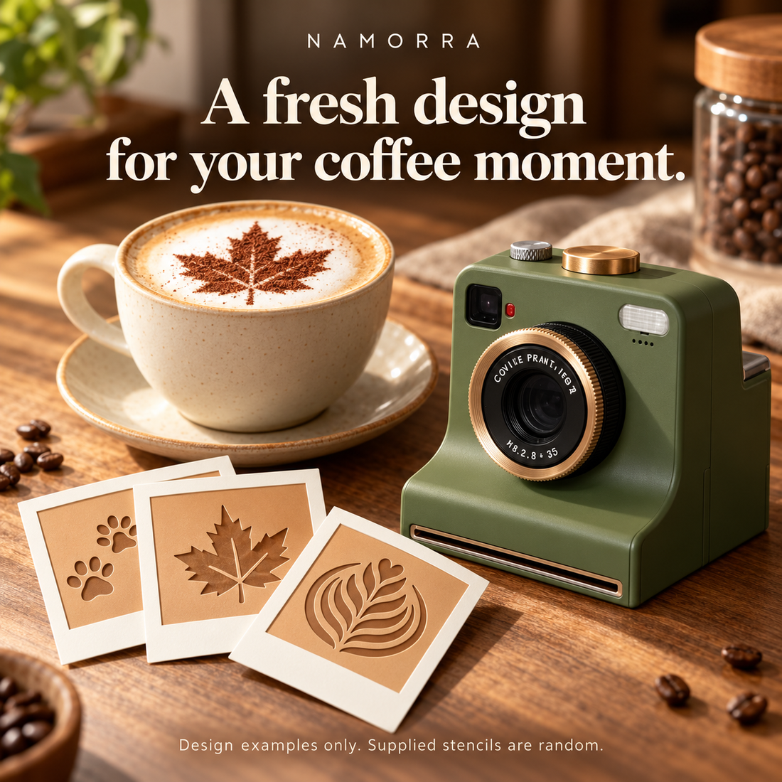 Latte art stencil design examples with camera-shaped coffee decorating tool