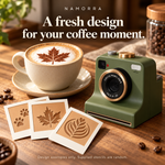 Latte art stencil design examples with camera-shaped coffee decorating tool