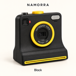 Black NAMORRA latte art stencil camera with yellow lens ring and matching slot trim