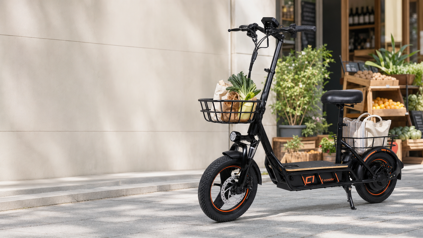 Foldable H14 E-scooter For Daily Grocery Shopping And Pets Trips lifestyle banner (desktop)