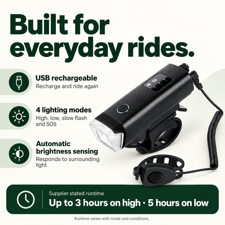 Front light USB charging automatic brightness sensing and supplier stated runtime