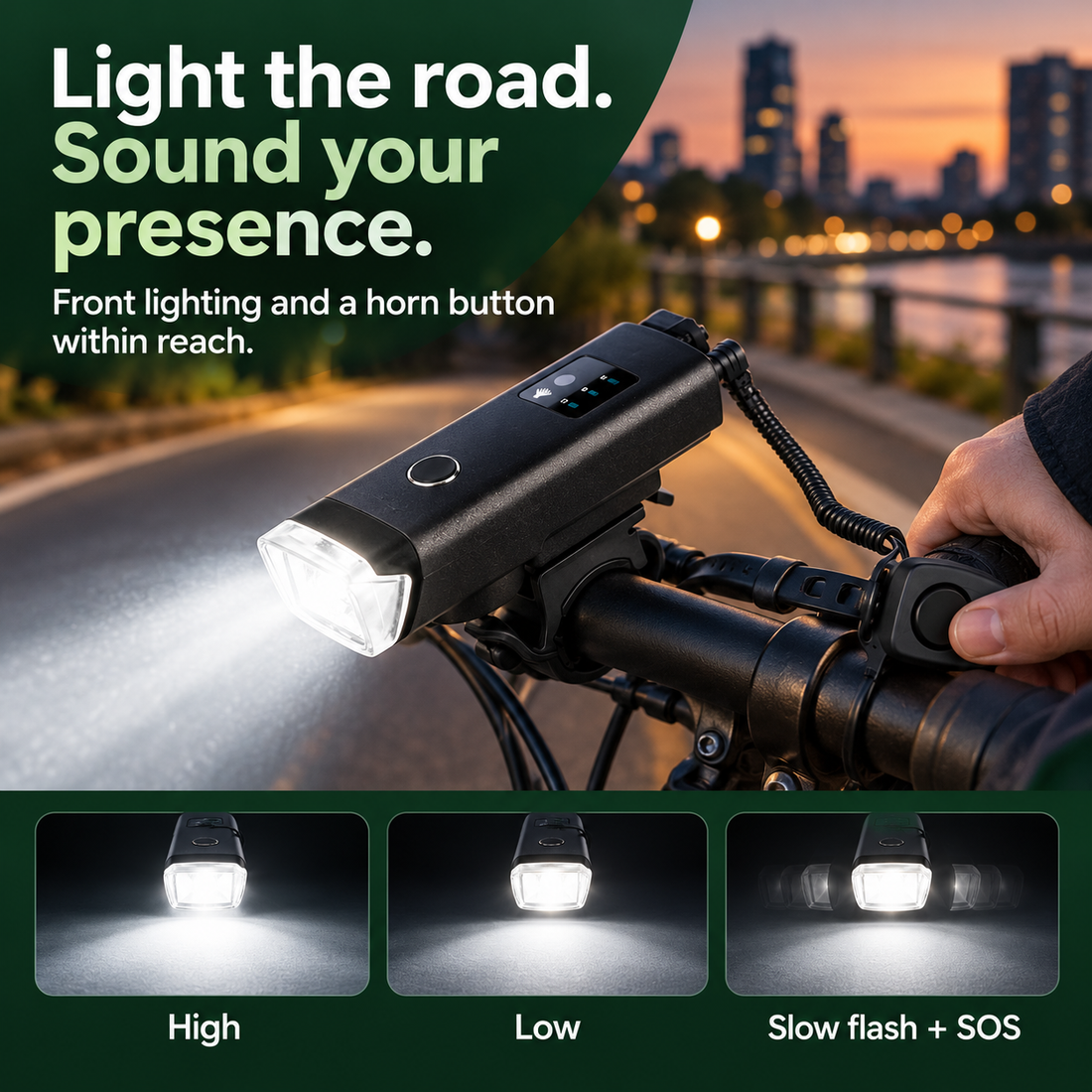 Front light and thumb operated horn button with four lighting modes
