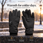 NAMORRA black heated gloves with digital wrist controls on a winter outdoor background