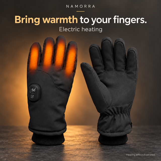 Illustration of electric heating on black NAMORRA gloves