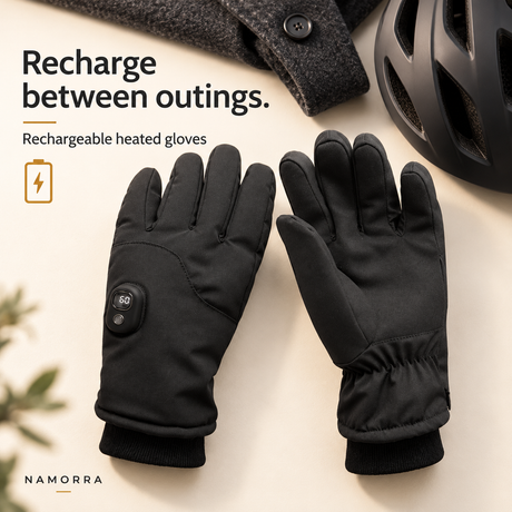 Rechargeable black heated gloves arranged with winter riding essentials