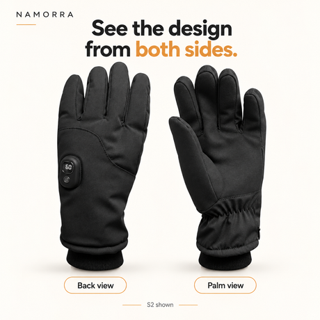 Back and palm views of the black S2 heated glove design