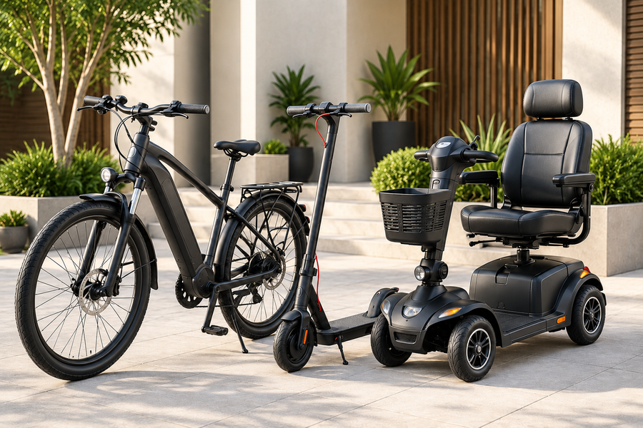 Bicycle, standing scooter and mobility scooter in a bright courtyard
