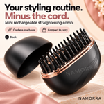 Black mini rechargeable straightening comb with cap and NAMORRA watermark