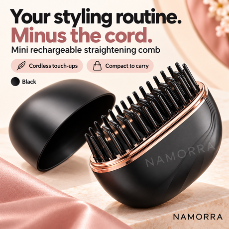 Black mini rechargeable straightening comb with cap and NAMORRA watermark