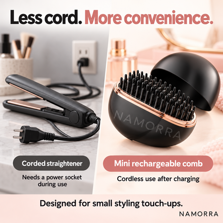 Corded straightener and rechargeable mini comb convenience comparison