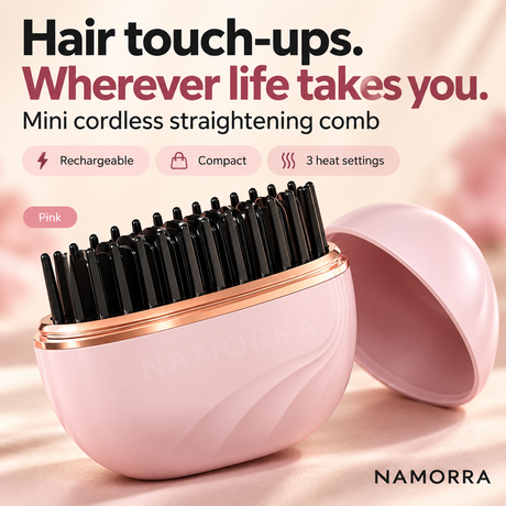 Pink mini rechargeable straightening comb with cap and NAMORRA watermark