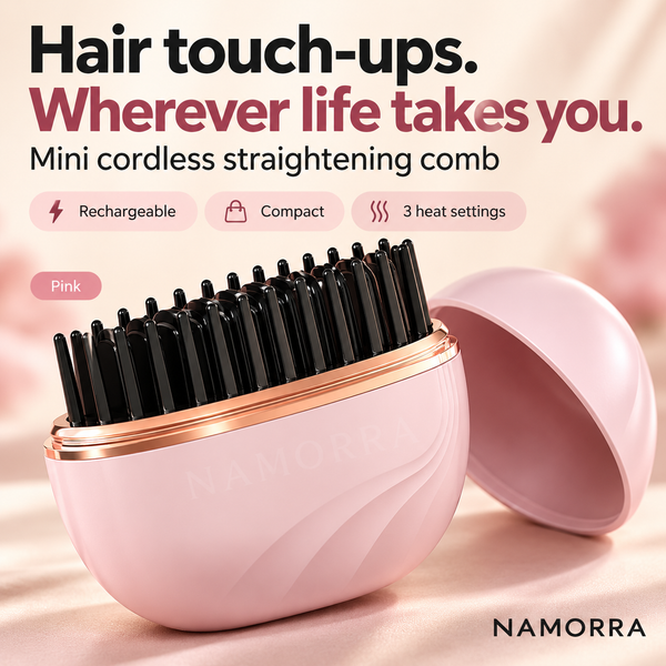 Pink mini rechargeable straightening comb with cap and NAMORRA watermark