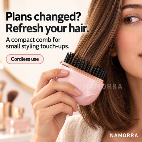 Pink cordless comb used on a small section of dry hair