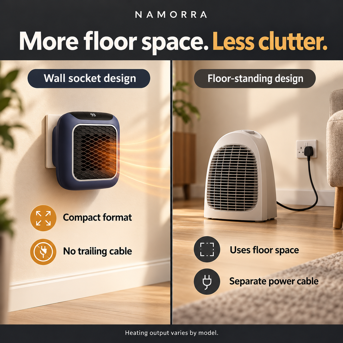 NAMORRA wall socket heater and floor-standing heater compared for floor space and power cables