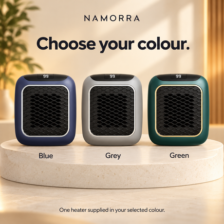 NAMORRA mini heater colour options in blue, grey and green, one heater in the selected colour