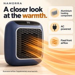 NAMORRA blue heater with illustrated airflow and aluminium heating component overview