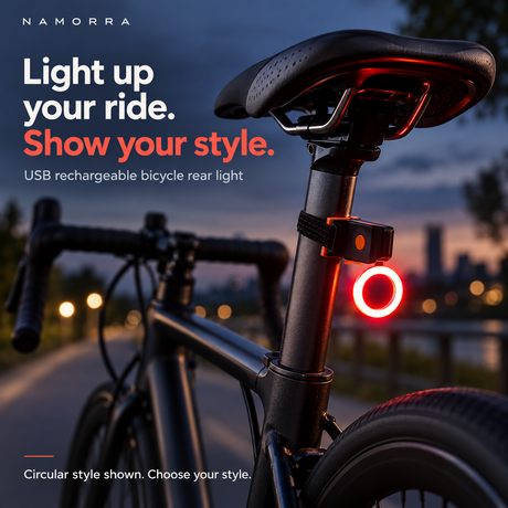 NAMORRA circular USB rear light mounted on a bicycle at dusk