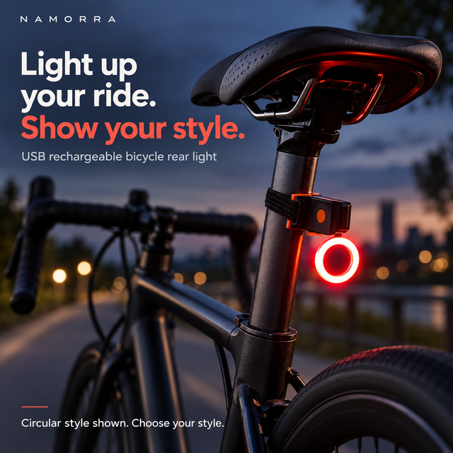 NAMORRA circular USB rear light mounted on a bicycle at dusk