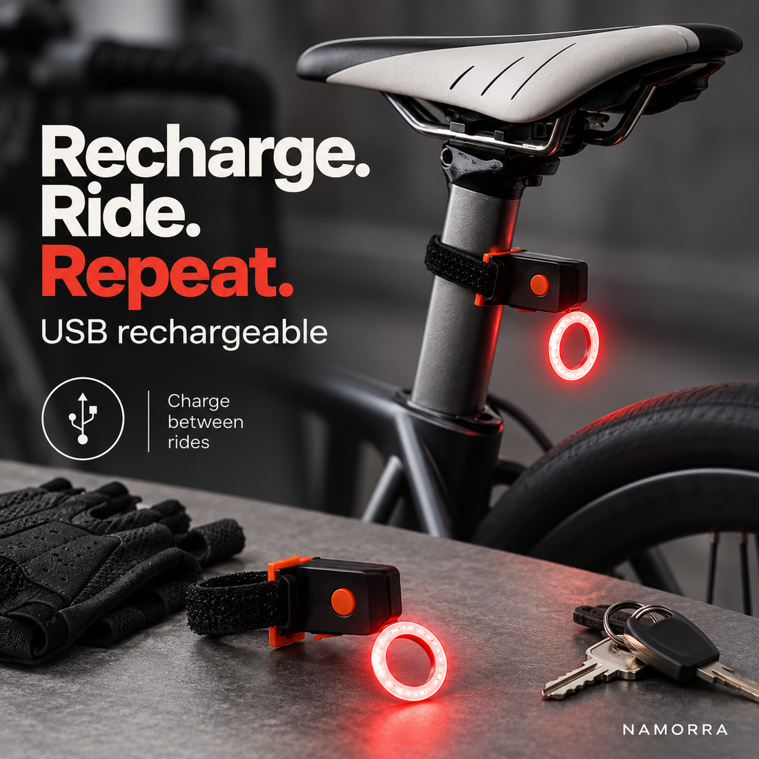 USB rechargeable circular bicycle light displayed with riding essentials