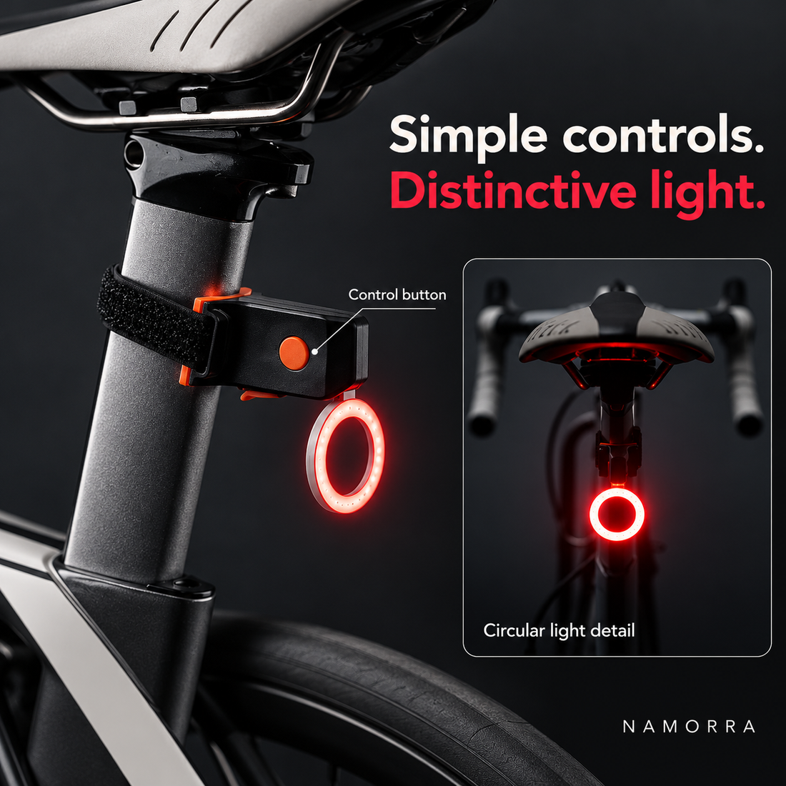 Orange control button and ring light details on NAMORRA bicycle taillight