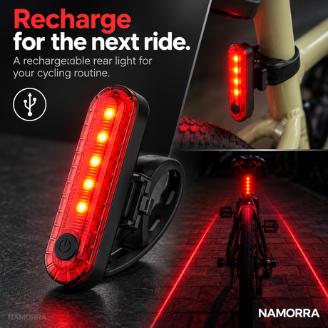 Rechargeable slim bicycle rear light shown mounted and in close-up