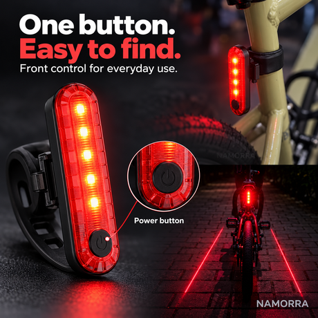 Black front power button on slim rounded red tail light
