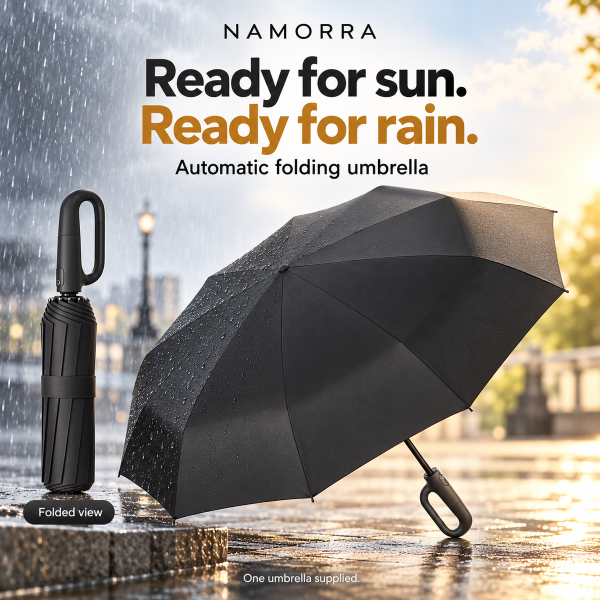 NAMORRA automatic folding umbrella for sun and rain with ring handle