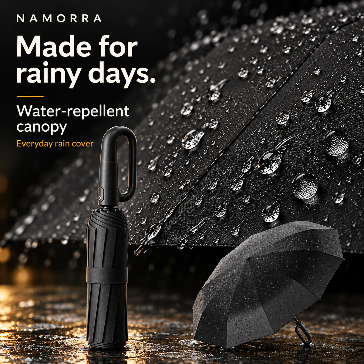 Rain droplets beading on NAMORRA umbrella canopy fabric