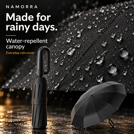 Rain droplets beading on NAMORRA umbrella canopy fabric