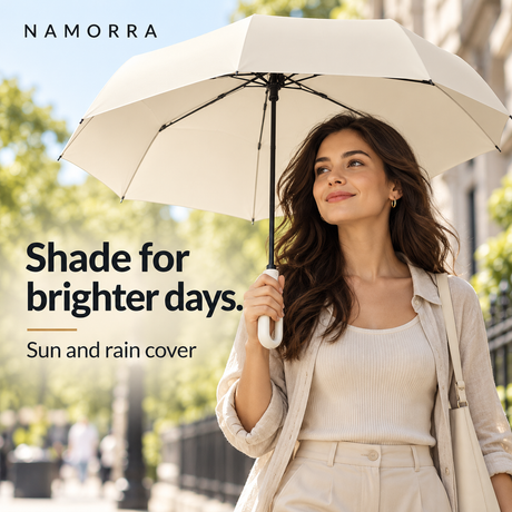 NAMORRA ivory folding umbrella used for shade in bright outdoor conditions