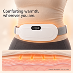 White NAMORRA waist belt worn over clothing, with a conceptual skin-layer warmth illustration; not to scale.