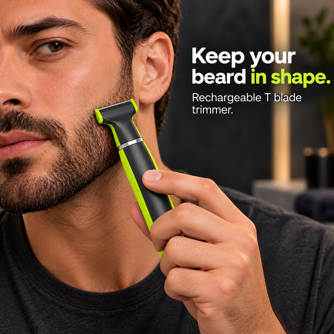 Lime green 360 Face Electric Shaver used on beard edge with cutting surface facing skin