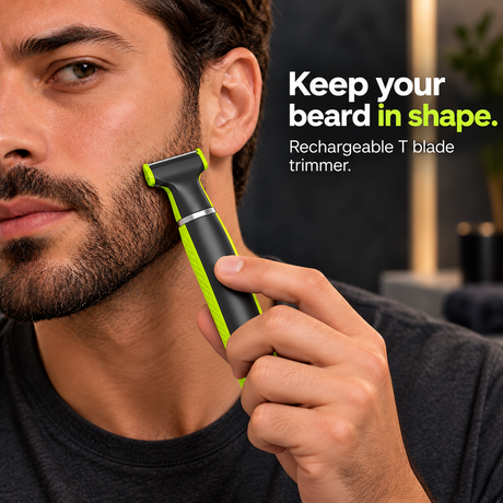Lime green 360 Face Electric Shaver used on beard edge with cutting surface facing skin