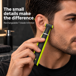 Lime green 360 Face Electric Shaver used on sideburn with cutting surface facing skin
