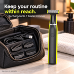 Lime green 360 Face Electric Shaver beside travel bag shown for illustration